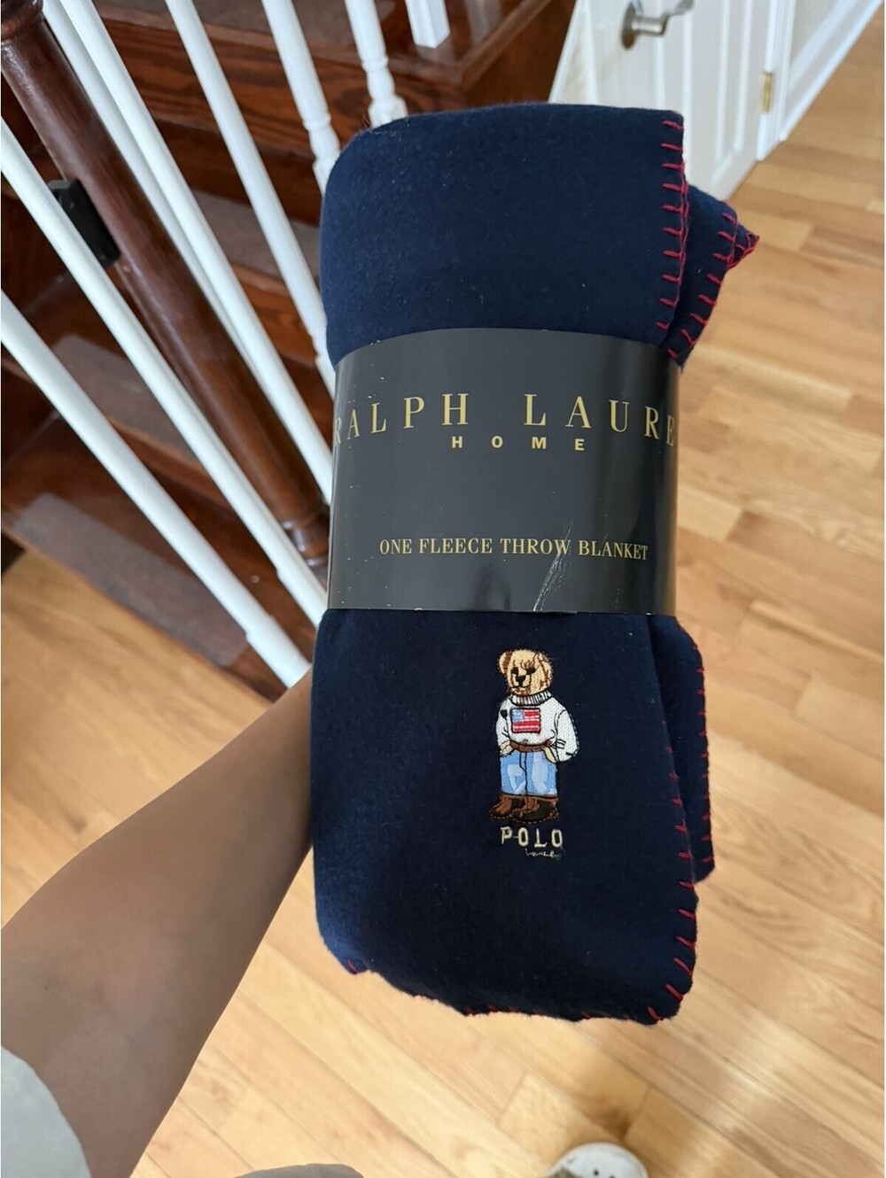 Vintage Lauren Ralph Lauren Polo Bear Throw Blanket Navy Blue Fleece